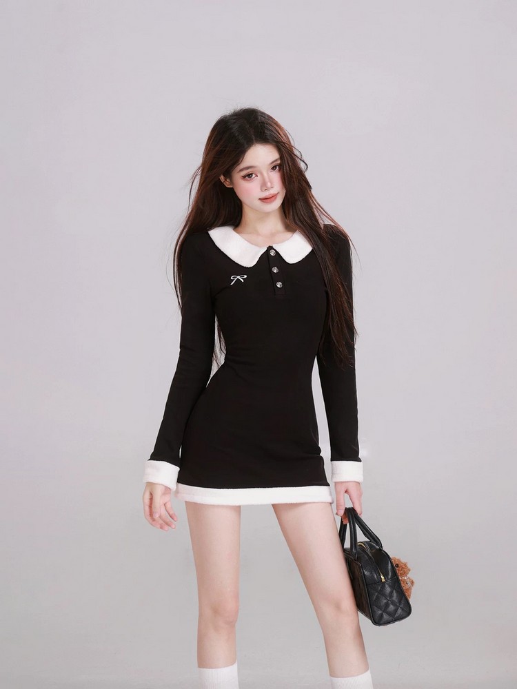High-End Black Spliced Velvet Dress for Women - French Style with Waist-Cinching Silhouette and Elegant Short Skirt - Spring Collection