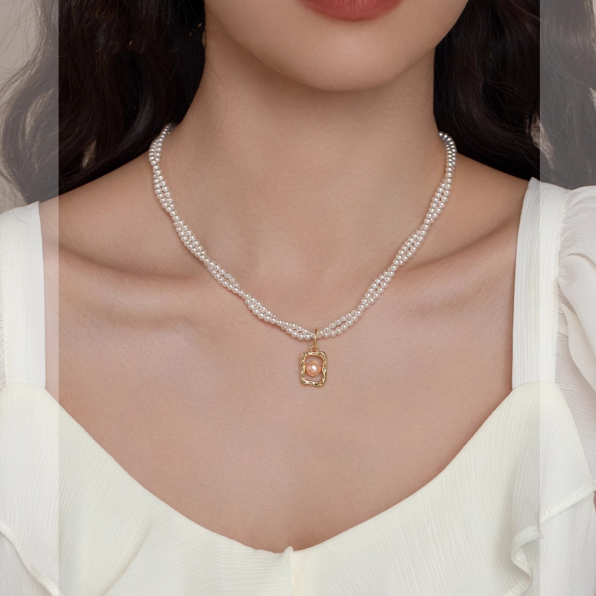 High-End Double-Layer Wrapped Bead Necklace with Square Pendant for Women - Chic Parisian Style Fashion Accessory