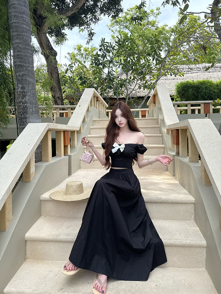 High-End Feel Off-Shoulder T-Shirt Dress with Long Summer Skirt - Chic Casual Style for 90s and Y2K Fashion Enthusiasts
