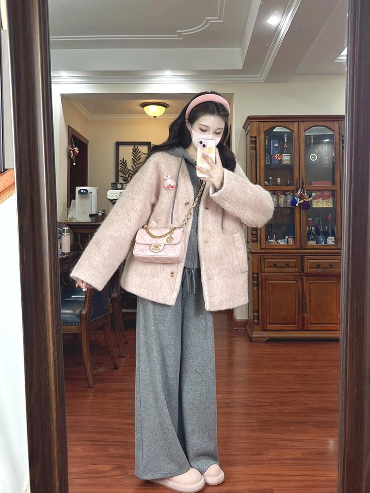High-End Pink Woolen Coat Women's Casual Hoodie Jacket with Wide-Leg Pants for Winter Fashion