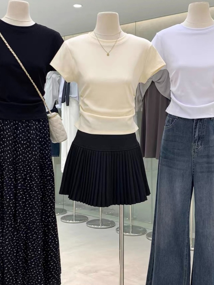 High-End Women's Waist-Cinching Pleated Slim-Fit Basic White Short Sleeve T-Shirt - Chic and Versatile for Y2K Fashion
