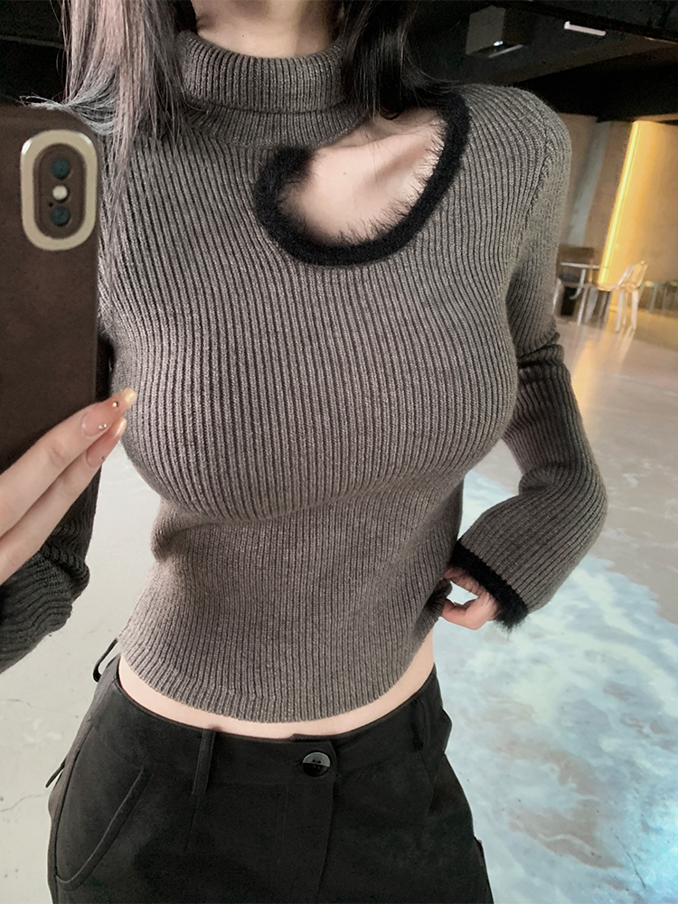 High Neck Knitted Women's Shoulder Sweater Top with Flirt Trap Design - Cozy Winter Fashion Essential