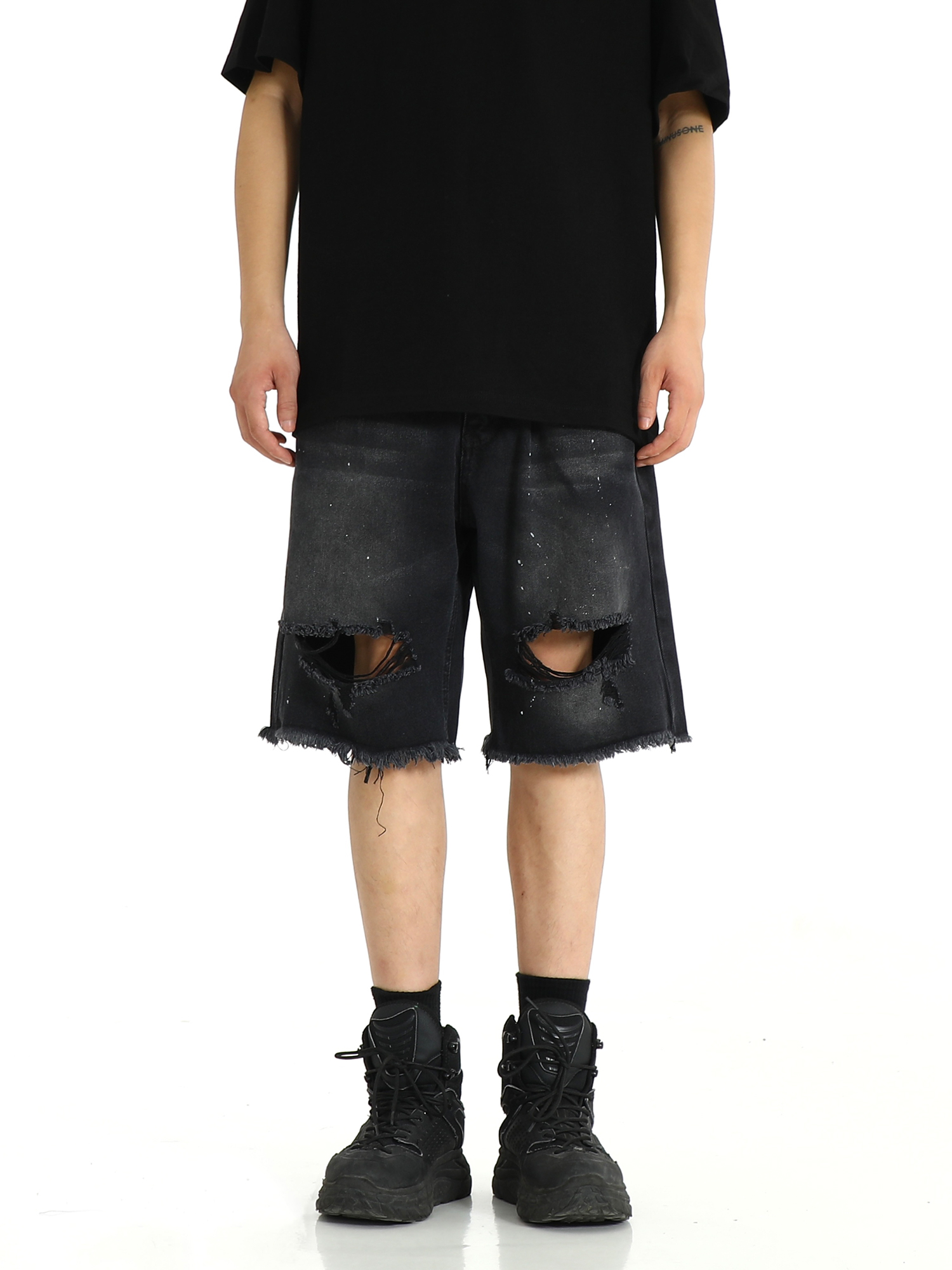 High Street American Style Frayed Tassel Ripped Denim Shorts for Men - Summer Casual Loose Fit Five-Point Pants