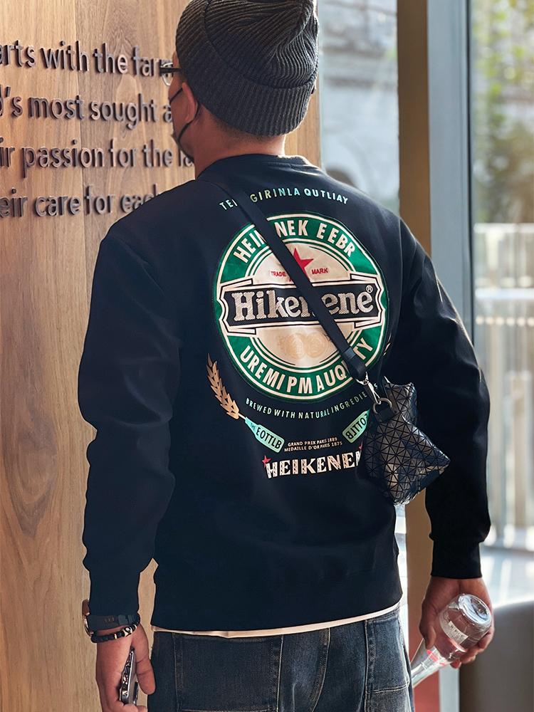 High Street Men's Hoodless Sweatshirt - Embroidered, Printed, Long Sleeve, Autumn Trendy, Versatile Hip-Hop Style