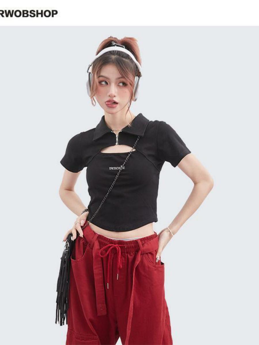 High Street Trendy Polo Collar Hollow Out Short Sleeve Crop Top - Unique Summer T-Shirt for Chic Y2K Style Fashion