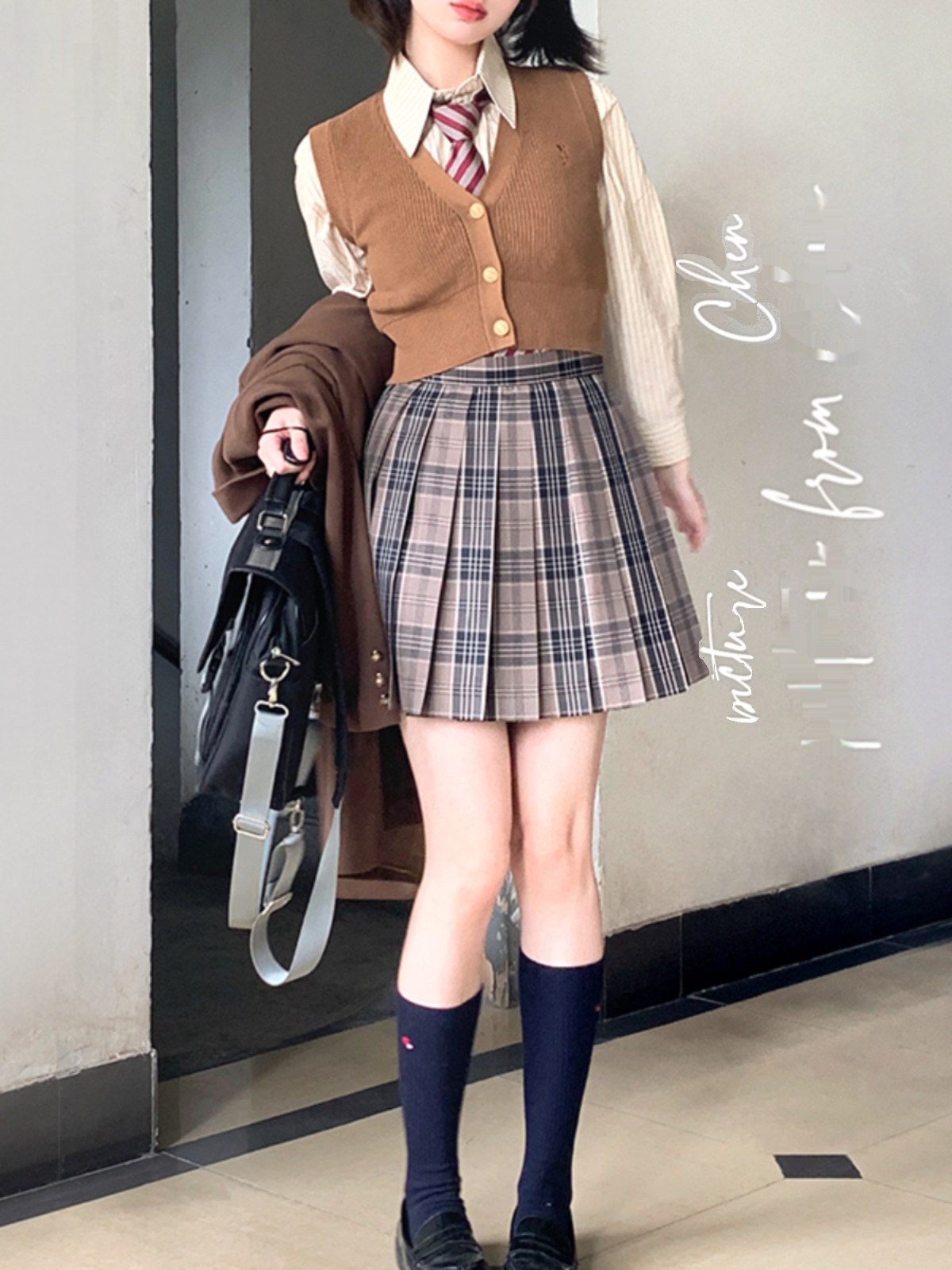 High Waist Pleated JK Plaid Skirt for Women - Cute Pudding Bear Design, Y2K Style Uniform Short Skirt