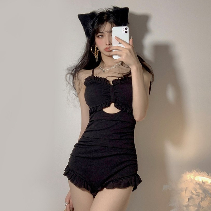 High Waist Ruffled Edge One-Piece Swimsuit for Women, Tummy Control, Slimming Design, Large Back Exposure, 2025 Trendy Swimwear