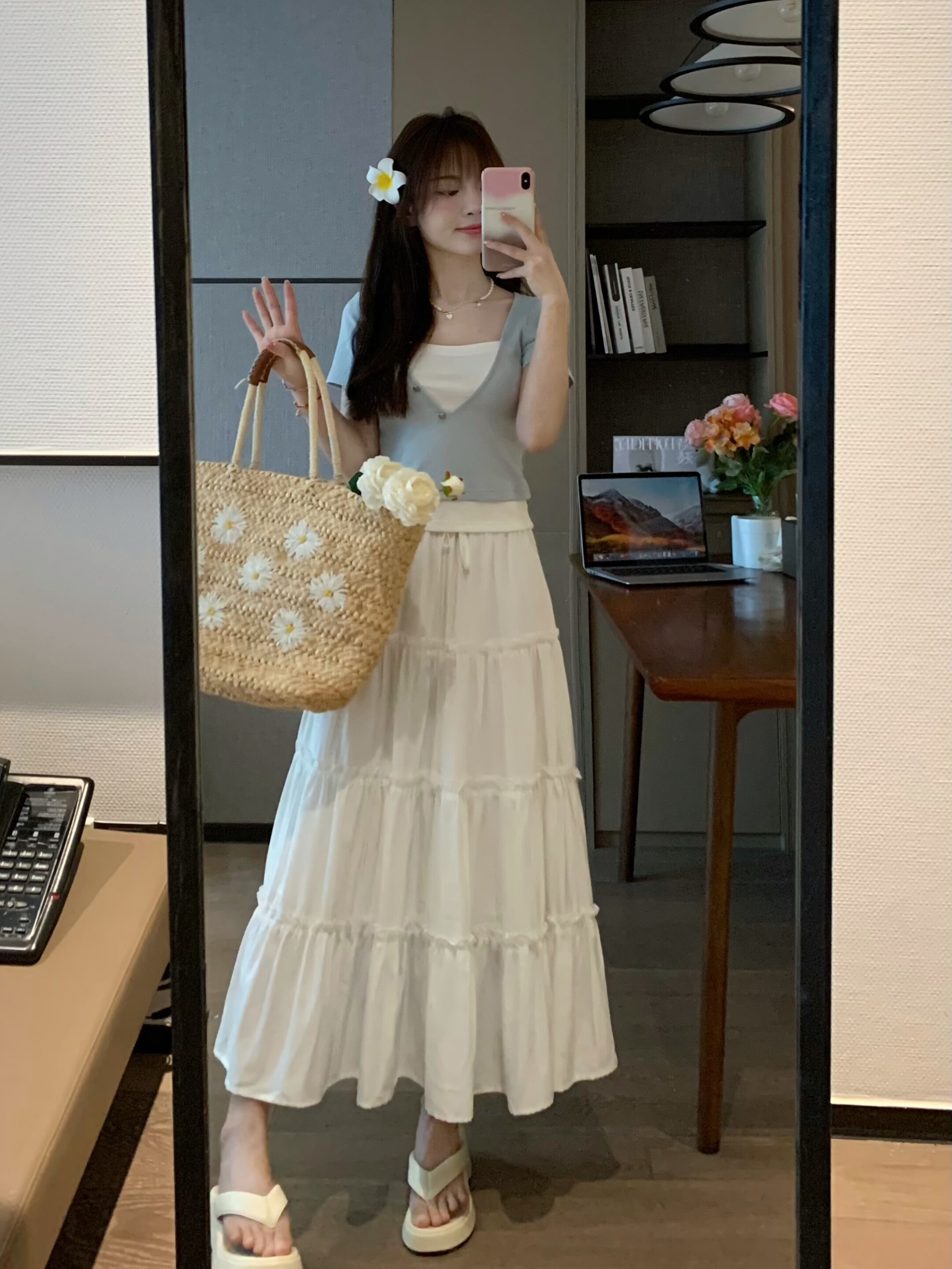 High-Waisted A-Line Cake Midi Skirt in Blue and White - Sweet Momo Girl Aesthetic for Versatile Date Looks
