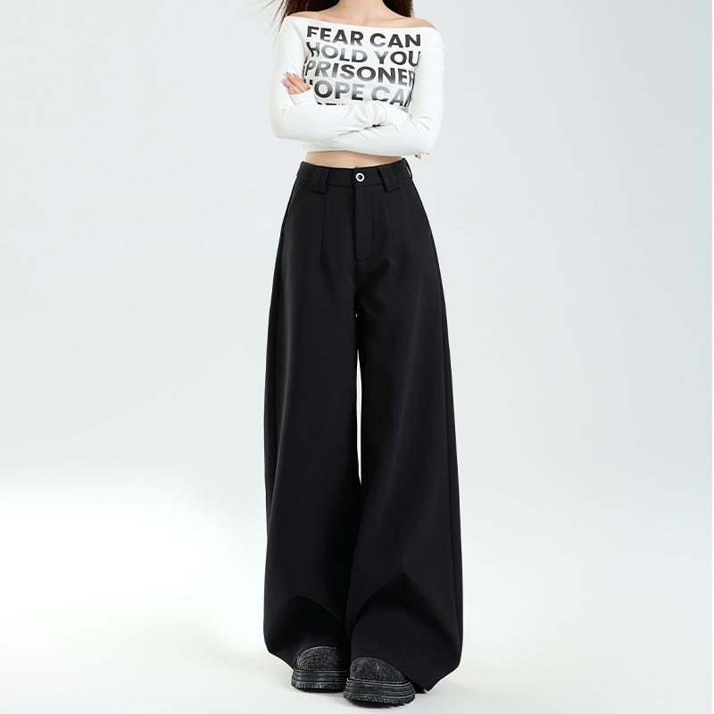 High-Waisted Black Wide-Leg Trousers for Women, Plush Loose-Fitting Straight-Leg Casual Pants for Autumn Winter 2025