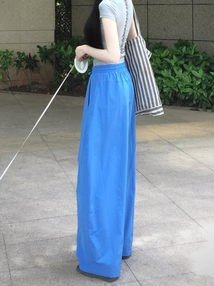 High-Waisted Blue Drawstring Casual Pants for Women - Versatile Wide-Leg Summer 2025 Style