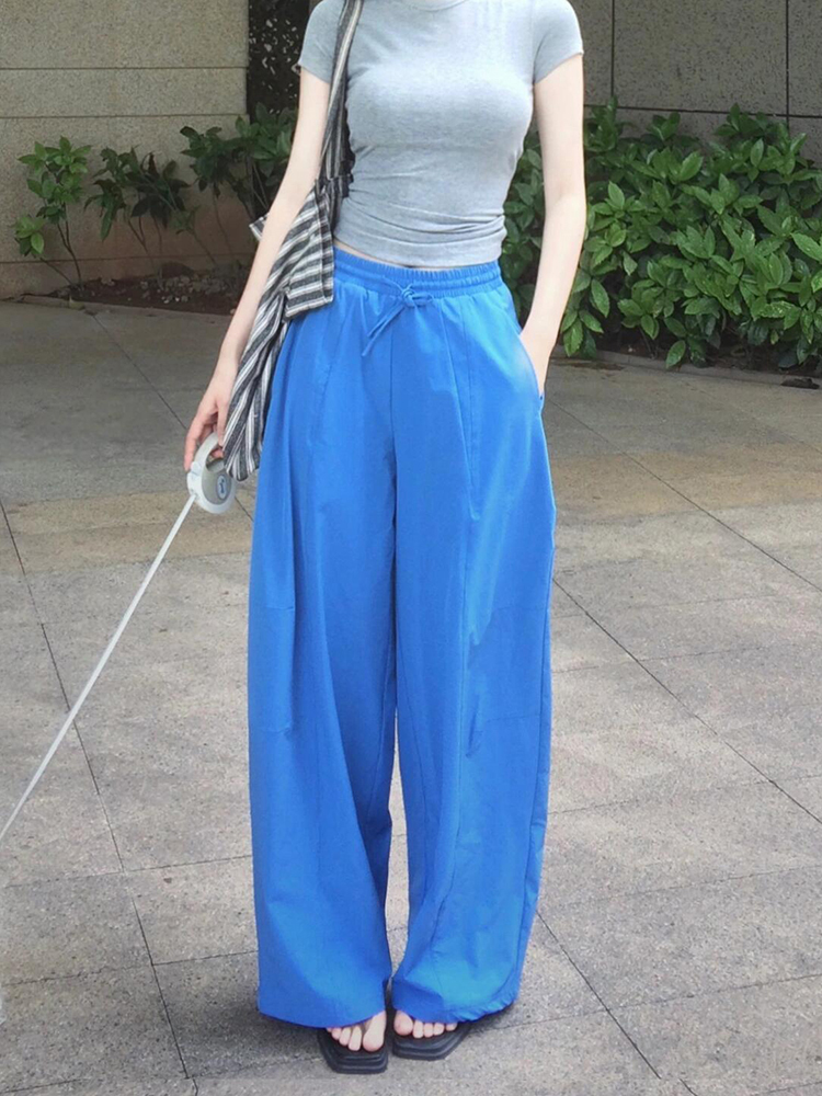 High-Waisted Blue Drawstring Casual Pants for Women - Versatile Wide-Leg Summer 2025 Style
