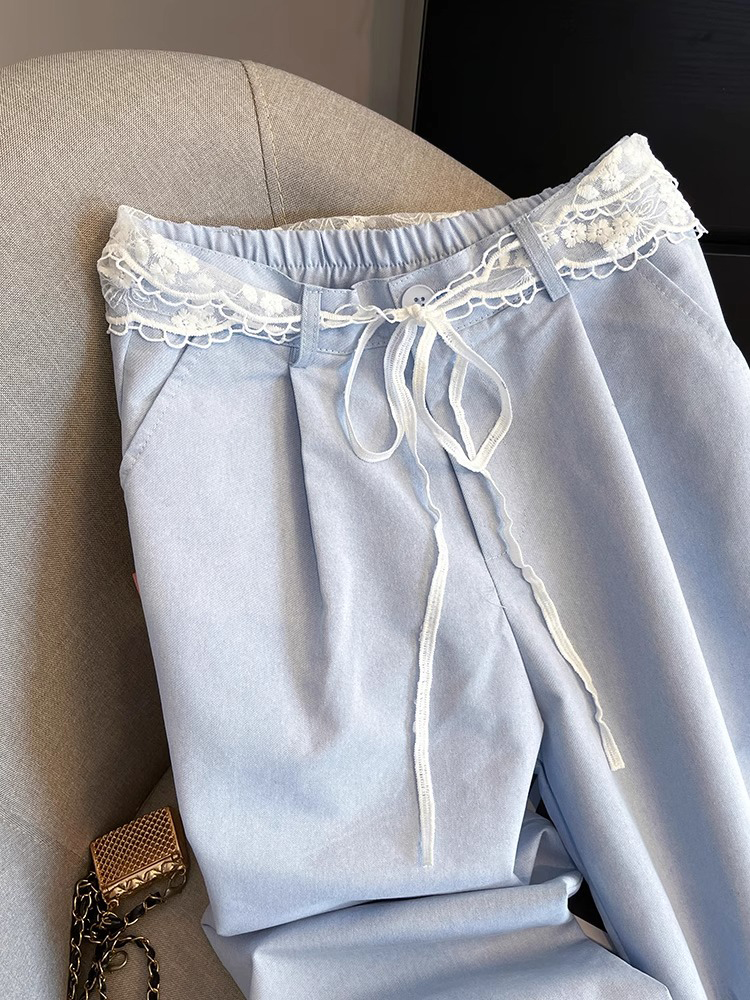 High-Waisted Blue Lace Spliced Floral Edge Wide-Leg Pants for Women - Summer 2025 Casual Slim-Fit Loose Straight Style