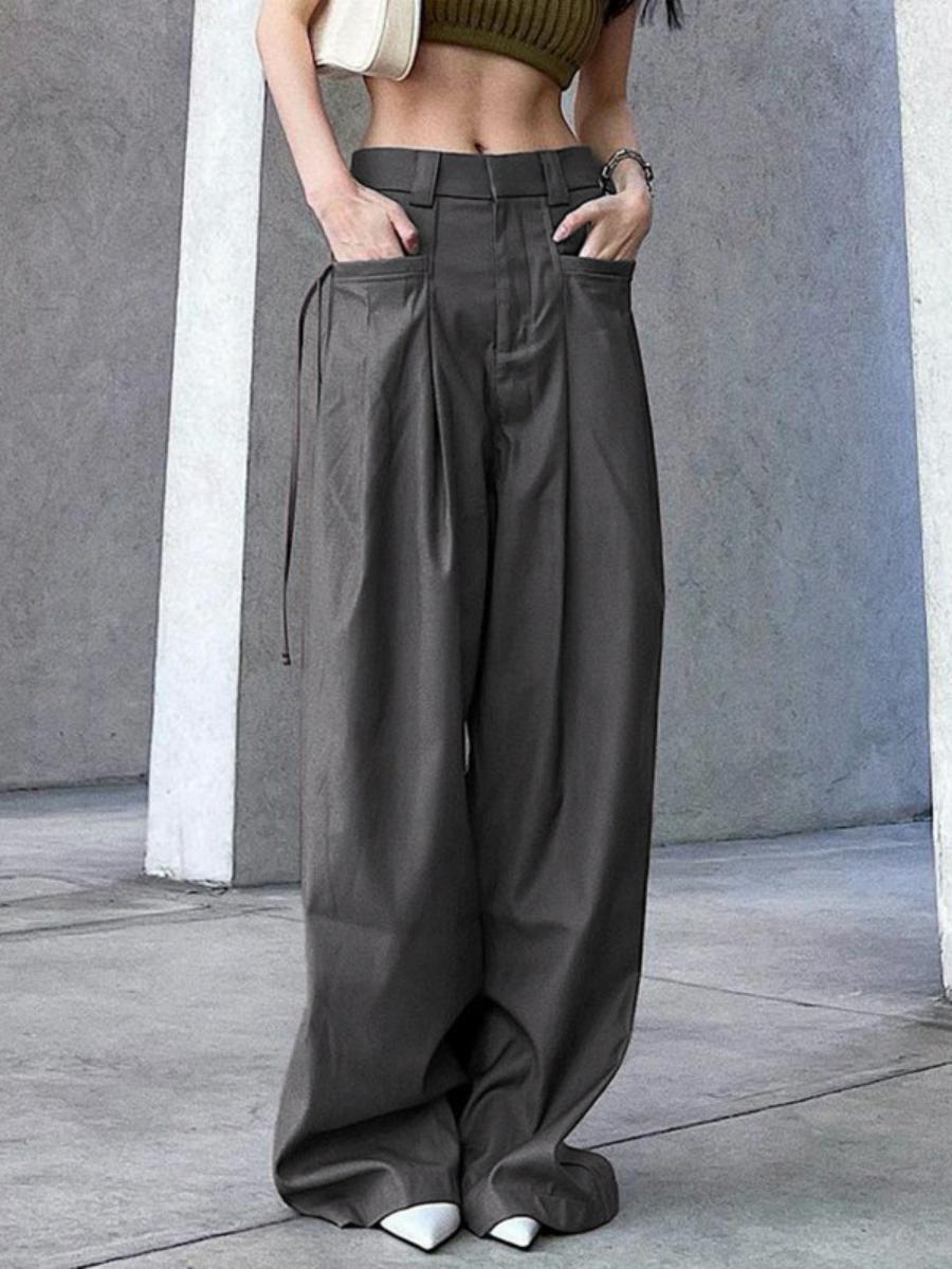 High-Waisted Draped Wide-Leg Pants for Tall Individuals - Minimalist Floor-Length Suit Pants with Pleats, Loose Casual Fit