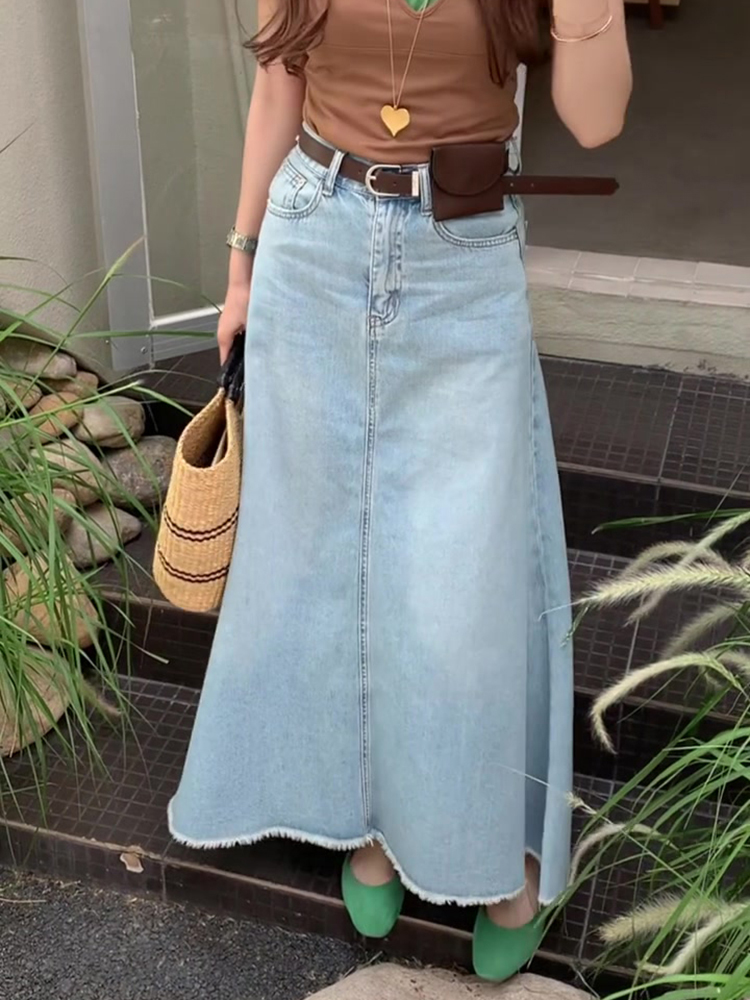 High-Waisted Frayed Denim Midi Skirt for Women - Summer 2025 A-Line Fishtail Design, Trendy Casual Style