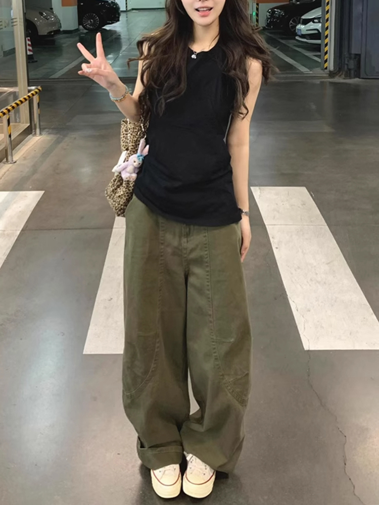 High-Waisted Green Deconstructed Curved Knife Jeans for Women â€“ Summer Loose Wide-Leg Slim Straight Pants