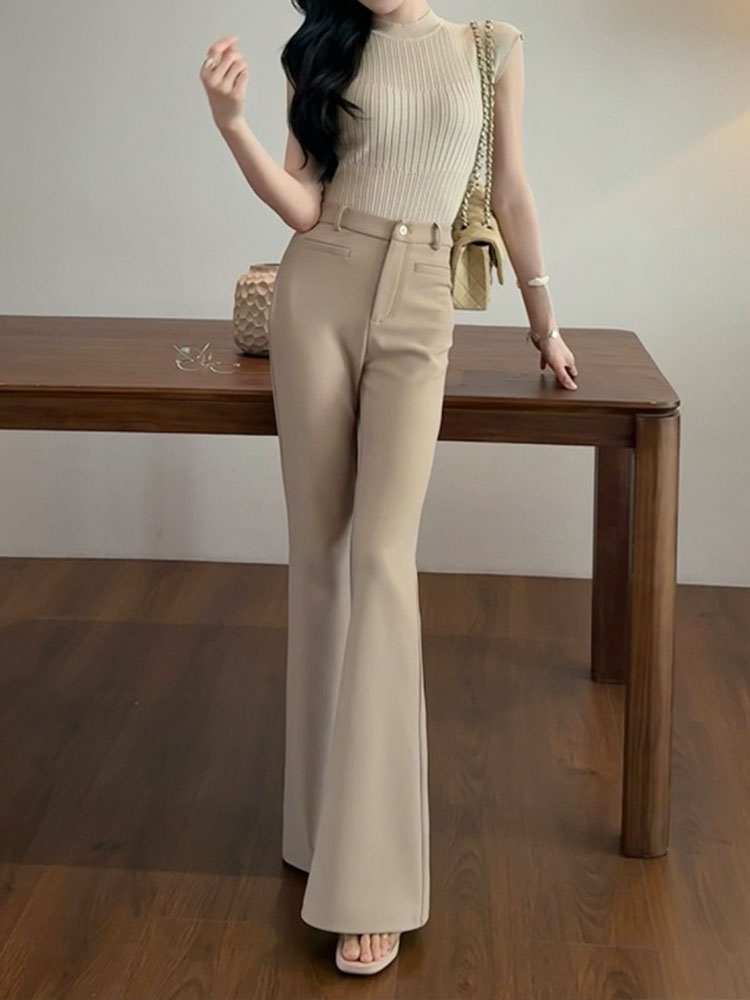 High-Waisted Khaki Flared Suit Pants for Women - Slim Fit Bell-Bottoms for Summer 2025, Professional Commuting Style