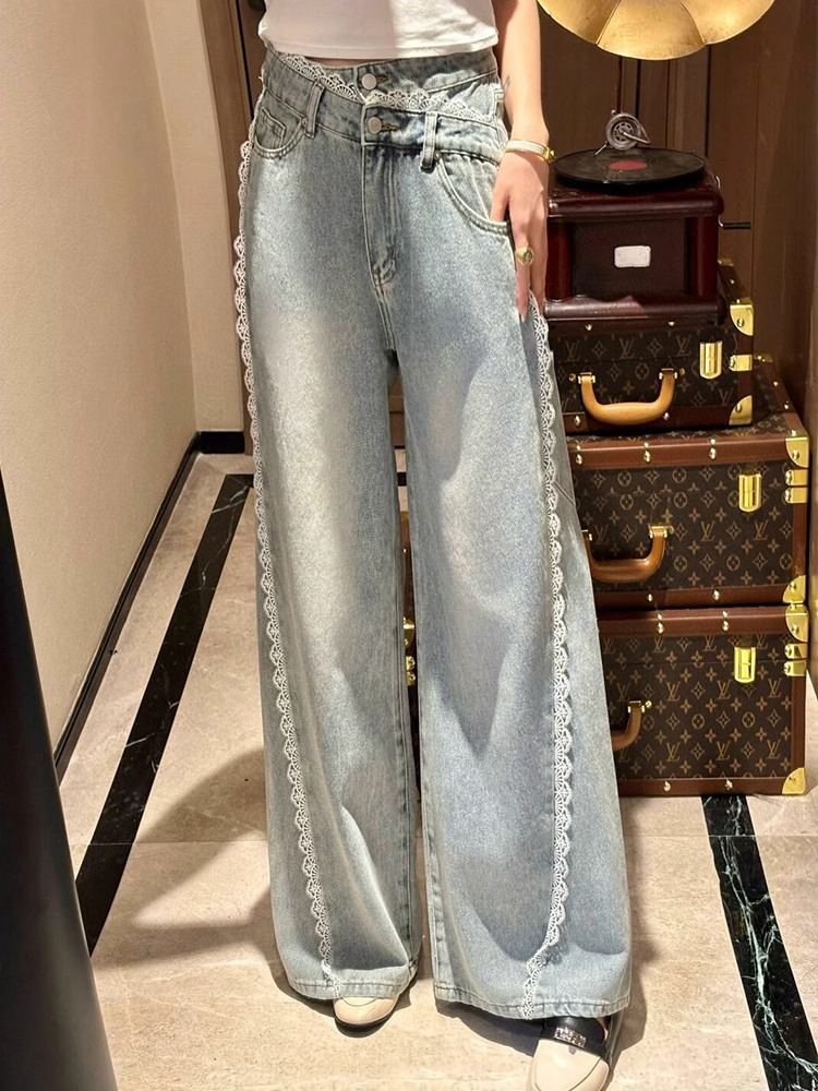 High-Waisted Lace Trim Straight-Leg Jeans for Women, Slim Fit Wide-Leg Summer 2025 Fashion Pants