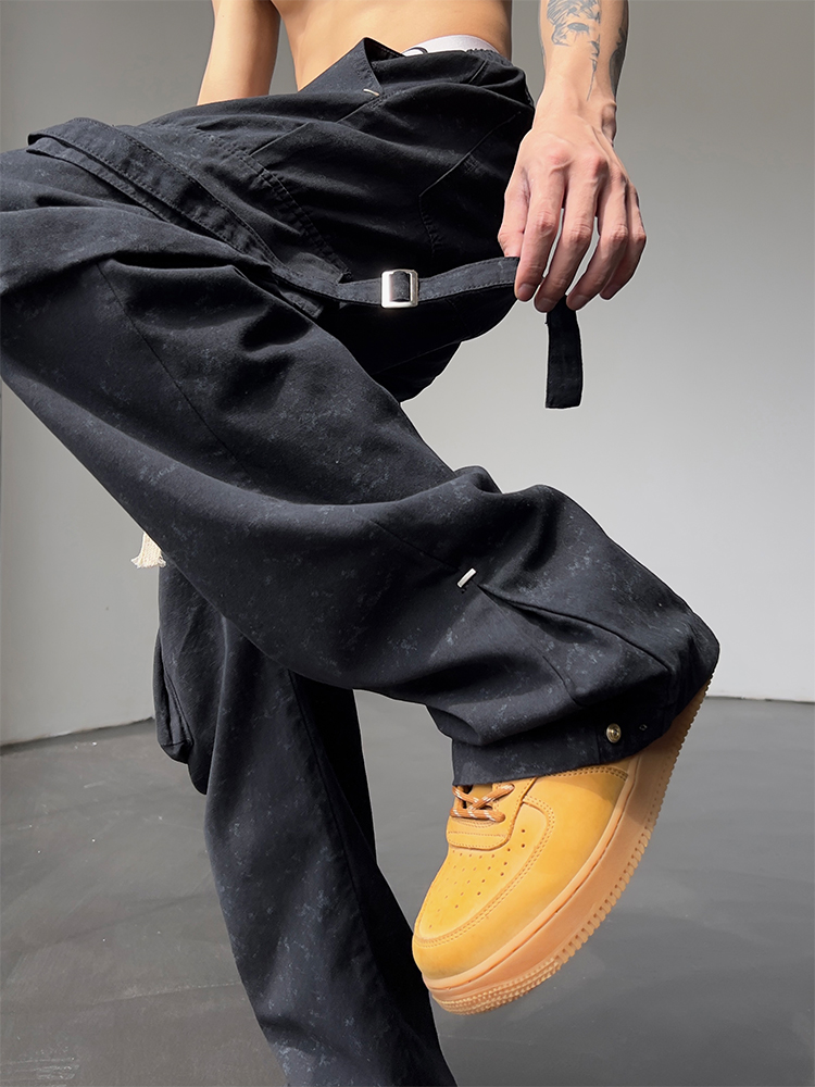 High-Waisted Loose Cargo Pants for Men - Retro Distressed Straight-Leg Design with Multi-Pockets - Casual Street Style