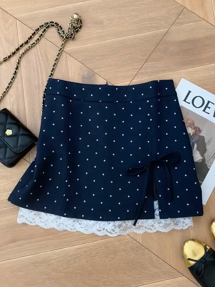 High-Waisted Polka Dot Lace Split Hem Skirt for Petite Women - Slimming A-Line Bodycon Mini with Small Bow Detail