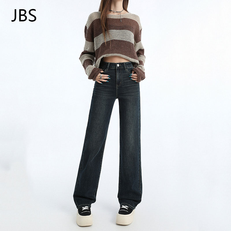High-Waisted Retro Blue-Gray Fleece-Lined Straight-Leg Jeans for Women, Slimming Loose Narrow Pants for Autumn Winter 2025