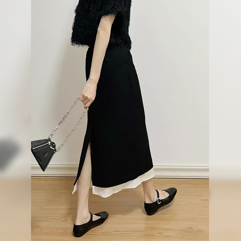 High-Waisted Split Design Black and White Color-Blocking Mid-Length Skirt - Euro-Korean Summer Style for Women