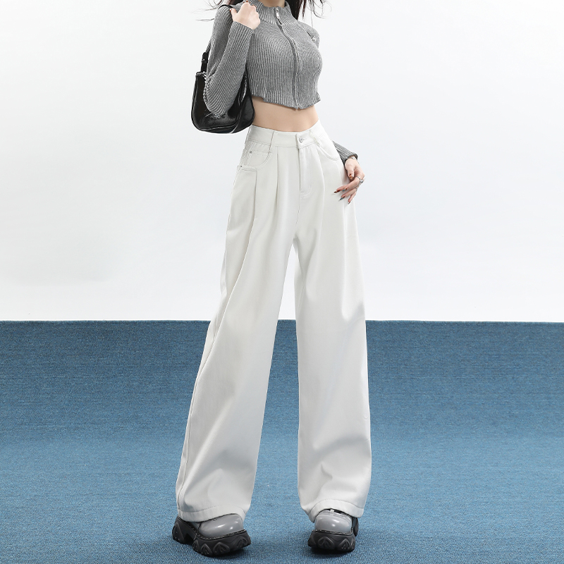 High-Waisted White Wide-Leg Jeans for Women, Pleated, Loose Straight-Leg, 2025 American Style, Floor-Length Fashion Pants
