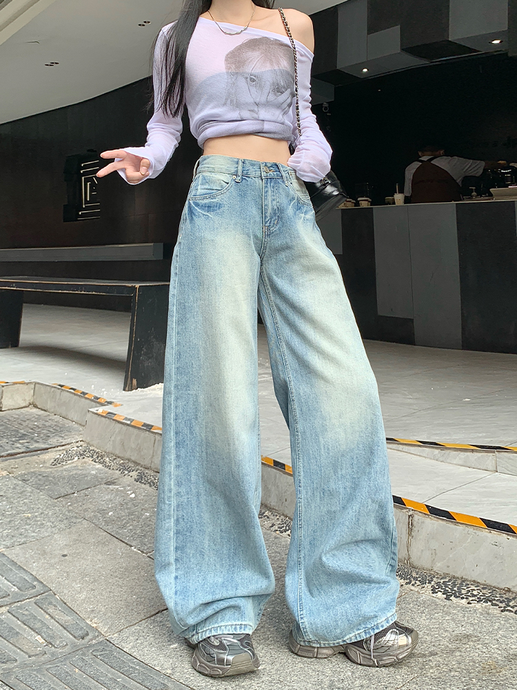 High-Waisted Wide-Leg Jeans for Women - American Retro Style, Versatile Spring 2025 Washed Straight-Leg Pants