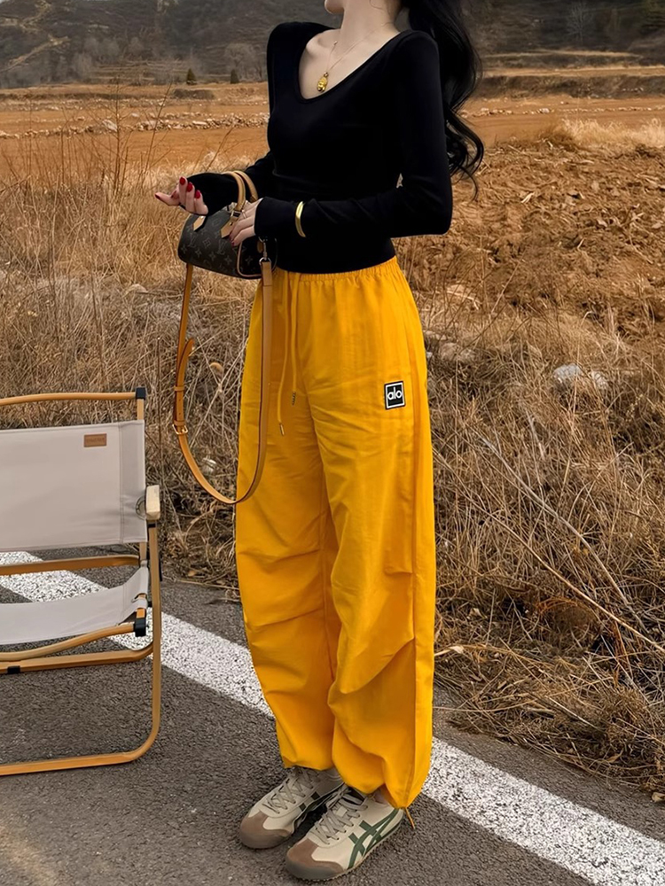 High-Waisted Yellow Casual Pants for Women, Slimming Loose-Fitting Straight-Leg Wide-Leg Trousers for Summer 2025 Fashion