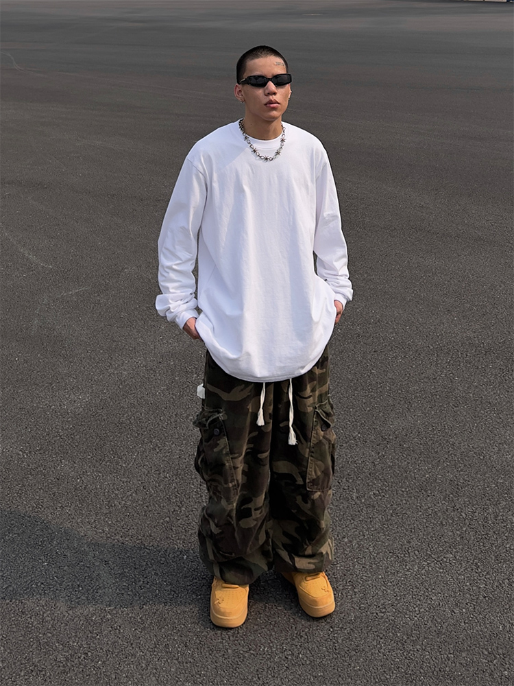 Hip-Hop Loose Fit Solid Color Long Sleeve T-Shirt - Versatile Heavyweight Base Layer for Street Dance, European & American Style