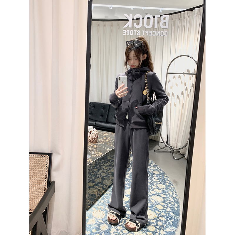 Hooded Gray Casual Sports Suit for Women - Two-Piece Set for Autumn and Winter, Comfy Sweatshirt and Pants Ensemble