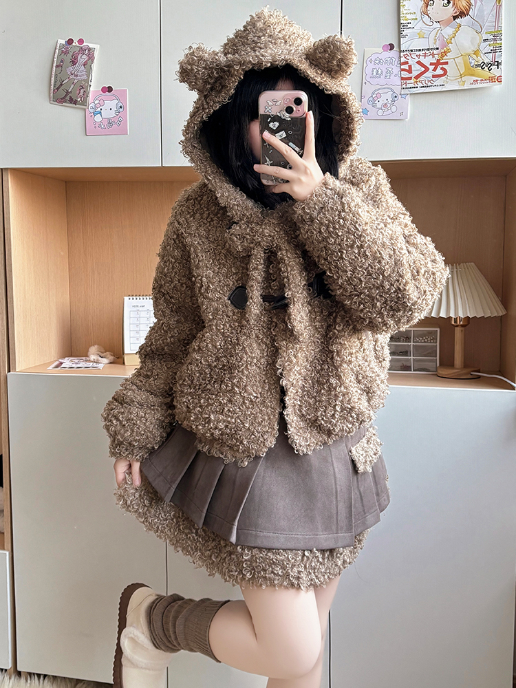 Hooded Lamb Wool Coat and Pudding Bear JK Uniform Set - Autumn Winter Two-Piece College Style for Women