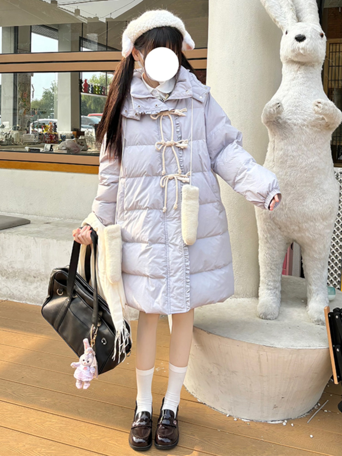 Hooded Loose Fit Long Down Jacket with Horn Buttons, Thick Slimming White Duck Down Coat, Straight Cut, Pudding Bear JK Style