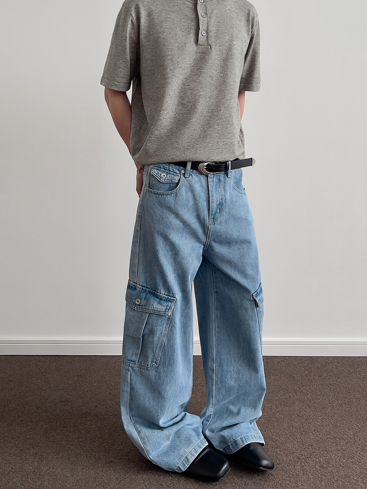 Ice Blue Washed Denim Wide-Leg Loose Long Pants - Retro American Multi-Pocket Style for 90s and Y2K Fashion