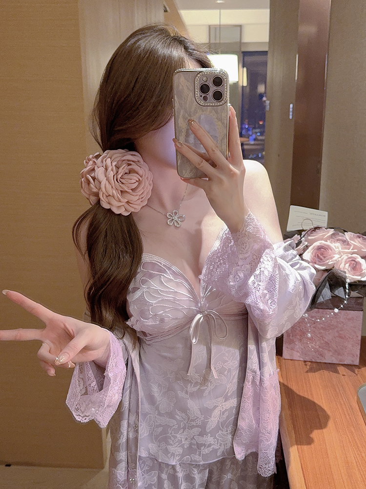 Ice Silk Pajamas Set for Women - 2025 New Style Camisole with Chest Pads, Sexy Butterfly Design, Spring & Autumn Wear