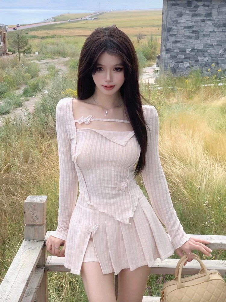 Irregular Long Sleeve Dress Set with Pleated Skirt - French Style Spicy Girl Spring Fashion for Women