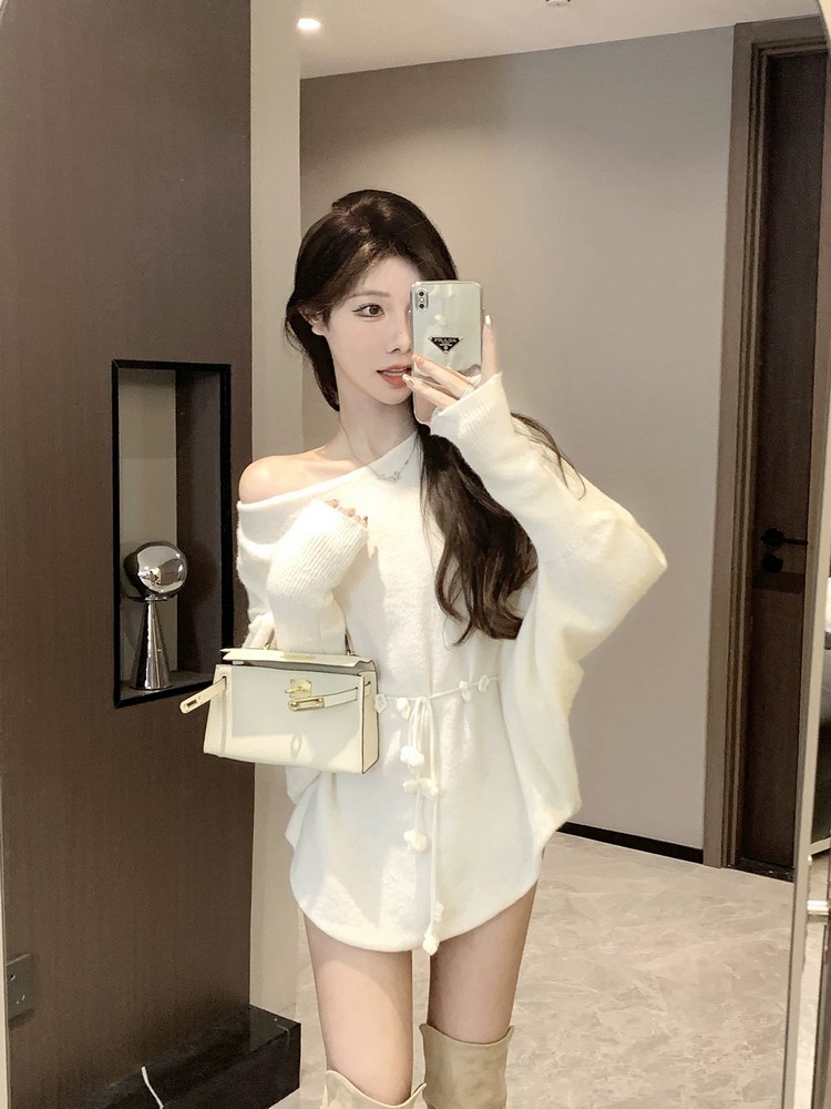 Irregular Off-Shoulder Knitted Mini Dress for Women - Loose Fit, Asymmetrical Neckline, French Style for Autumn and Winter Fashion