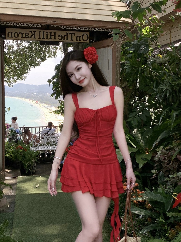 Irregular Strap Dress for Women, Waist-Cinching, Elegant Ruffle Hem, Sexy Short Skirt for Beach Vacation, Autumn & Summer Style