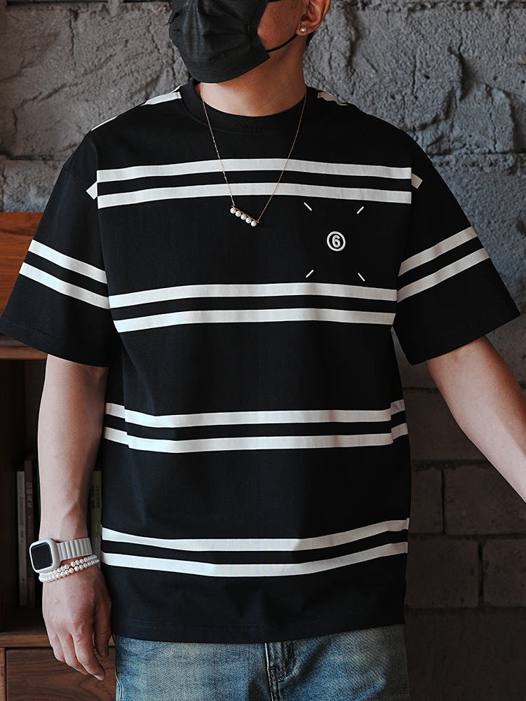 Japanese Retro Striped Short Sleeve T-Shirt for Men - Versatile Minimalist Design with High-End Embroidered Label, Y2K Style