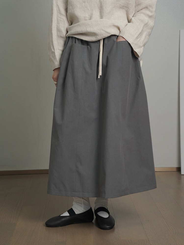 Japanese-Style High-Waisted Elastic Pocket Midi Skirt for Women - Loose A-Line Casual Summer 2025 Fashion for Petite Sizes