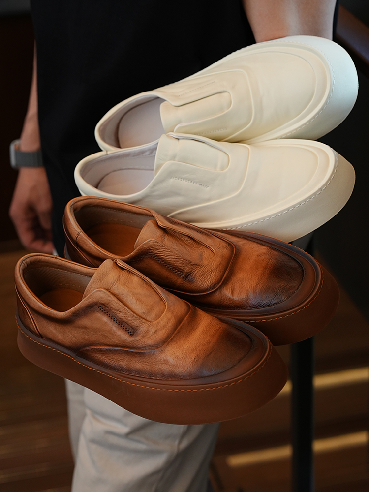 Japanese-Style Retro Minimalist Thick-Soled Casual Slip-On Shoes for Men - Trendy Summer High-End Leather Footwear
