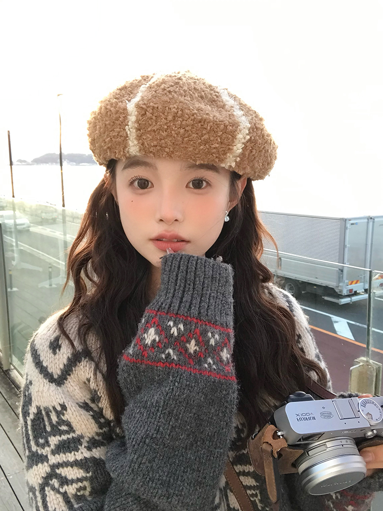 Japanese-Style Striped Beret 2025 - Plush Painter Hat for Small Faces, Big Heads, Y2K Aesthetic Fashion Accessory