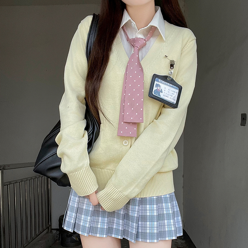 JK Uniform Long Sleeve Cardigan Knitted Sweater College Style in Dark Gray and Yellow - Trendy 2025 Pudding Bear Inspired Design
