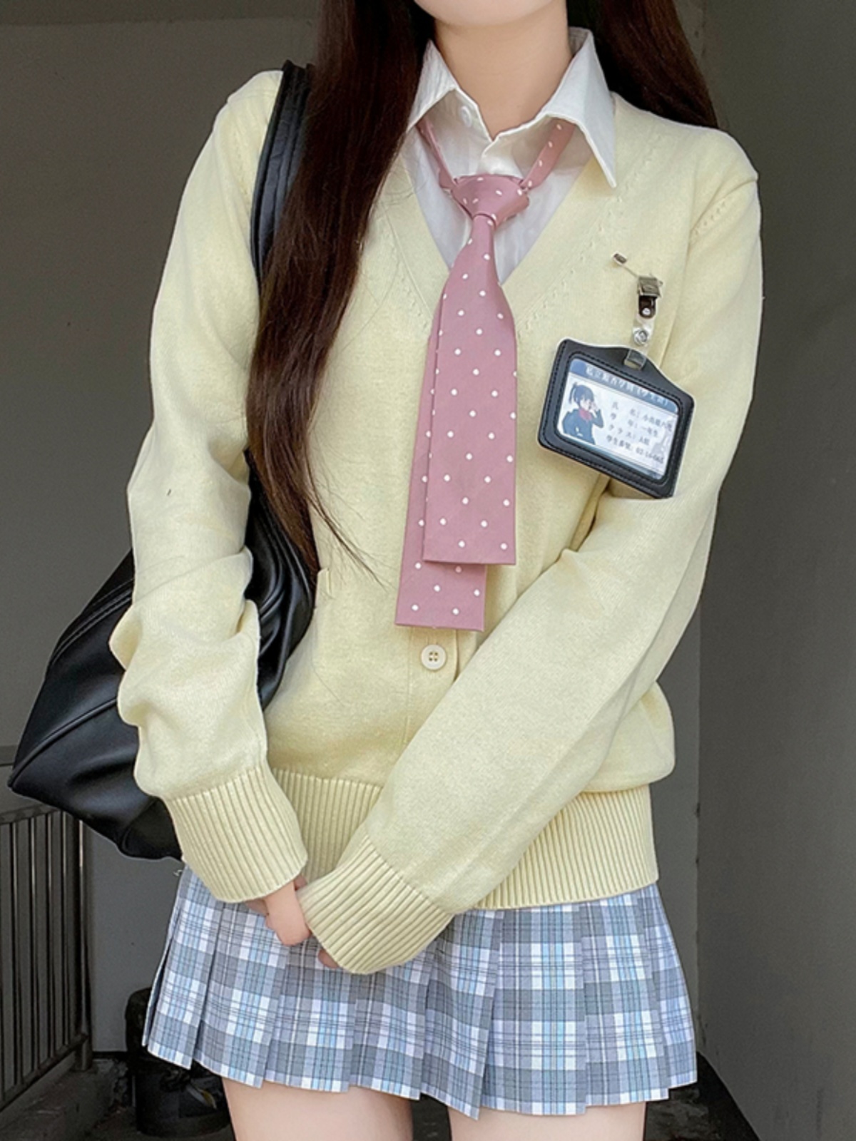 JK Uniform Long Sleeve Cardigan Knitted Sweater College Style in Dark Gray and Yellow - Trendy 2025 Pudding Bear Inspired Design