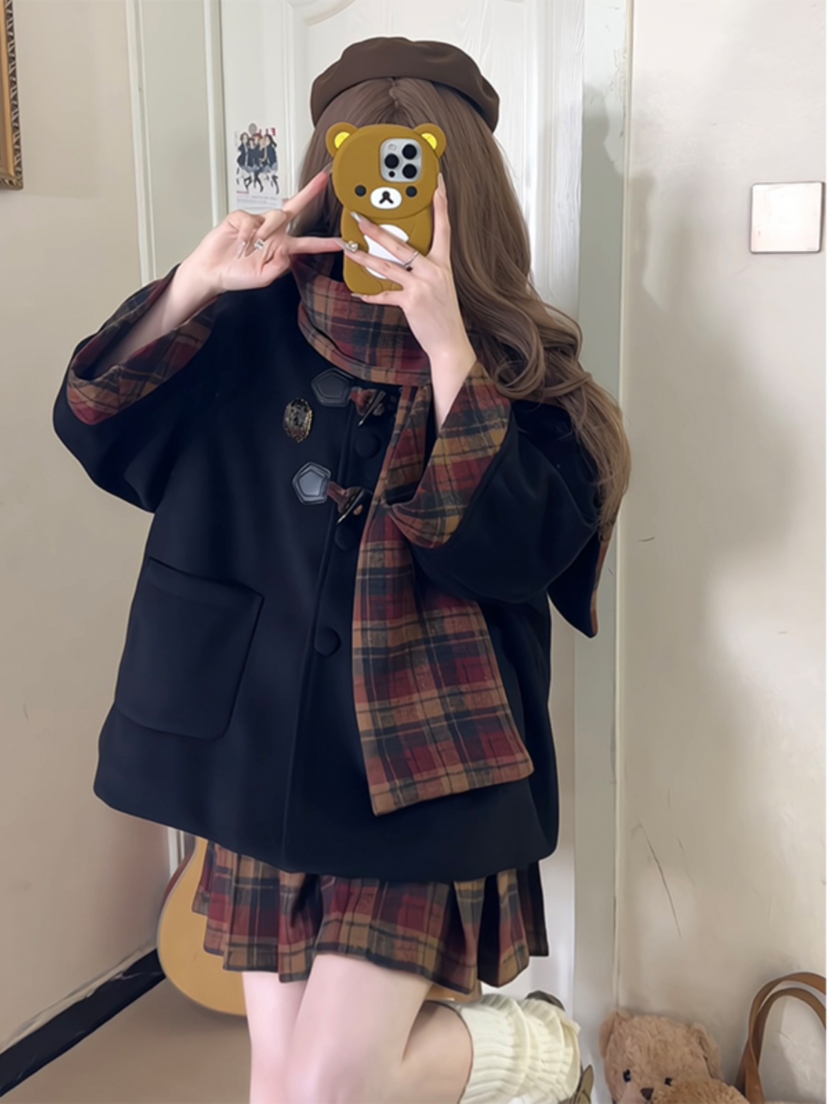 JK Uniform Set with Pudding Bear Design - Woolen Overcoat & 3-Piece Autumn/Winter Outfit for School - 2025 Fashion