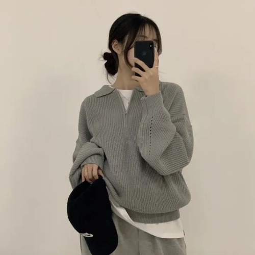Korean Chic Half-Zip Polo Neck Sweater - Unique Design, Stylish Loose Fit, Thick Warm Knit Pullover for Fall/Winter Fashion