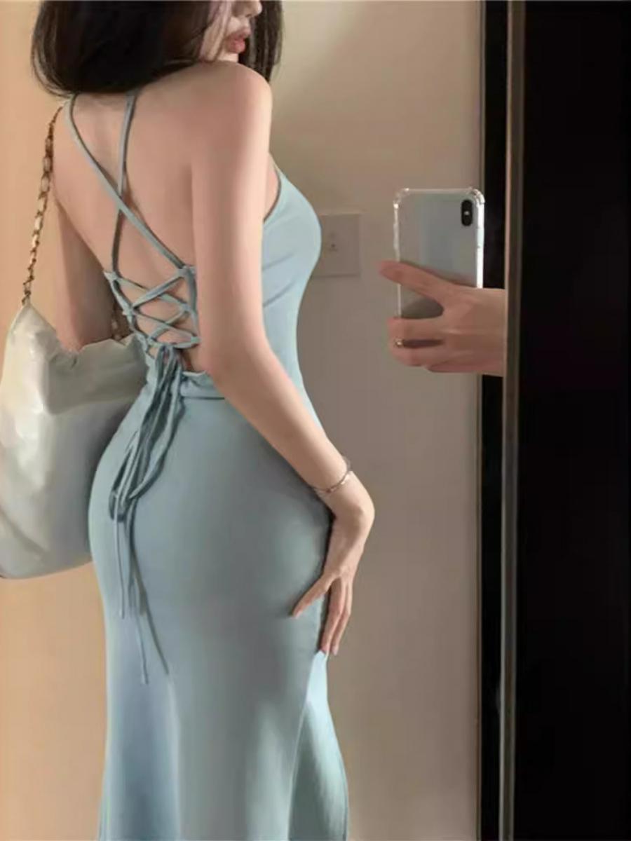 Korean-Style Backless Hollow Lace-Up Dress for Women, Fitted Waist Bodycon Mermaid Skirt, Figure-Flattering Party Dress