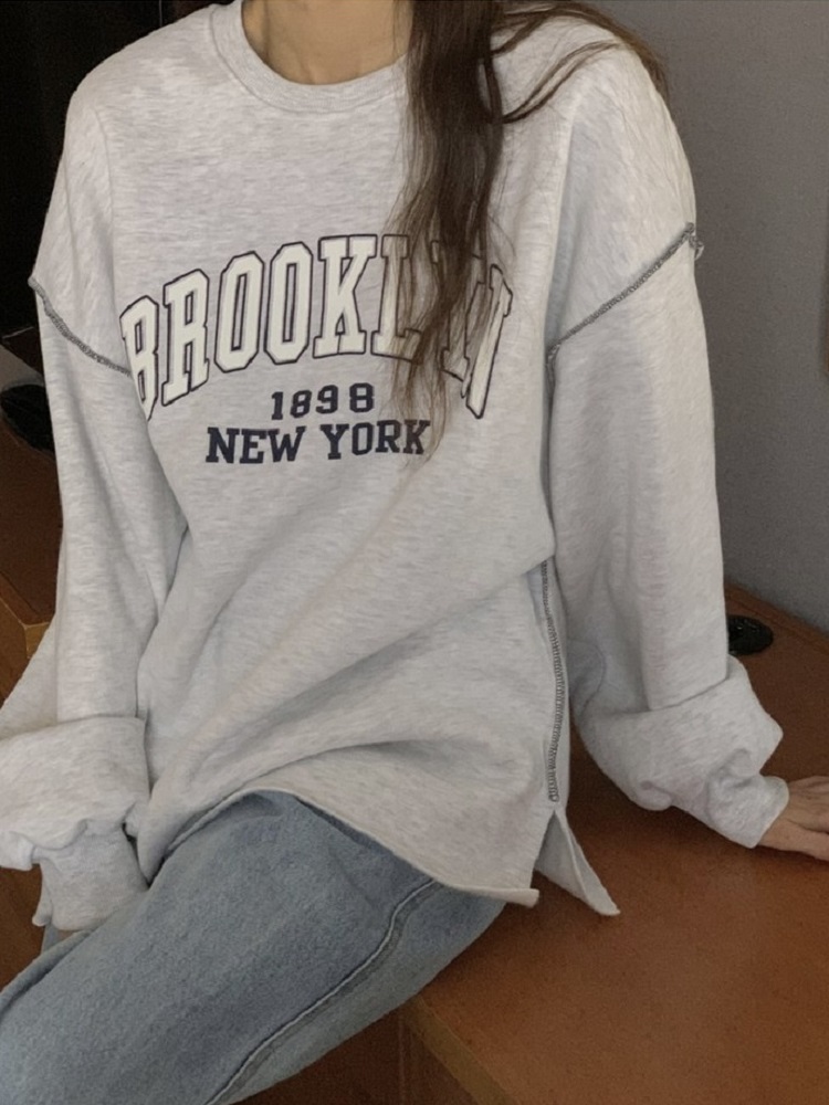 Korean Style Brooklyn Letter Embroidery Splicing Seam Loose Sports Sweatshirt for Casual Wear