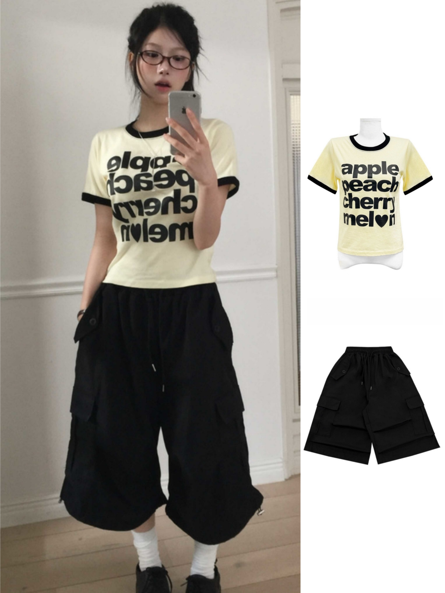 Korean Style Color-Block Letter Print Short Sleeve T-Shirt & Elastic Waist Seven-Point Shorts Set for Summer Casual Workwear