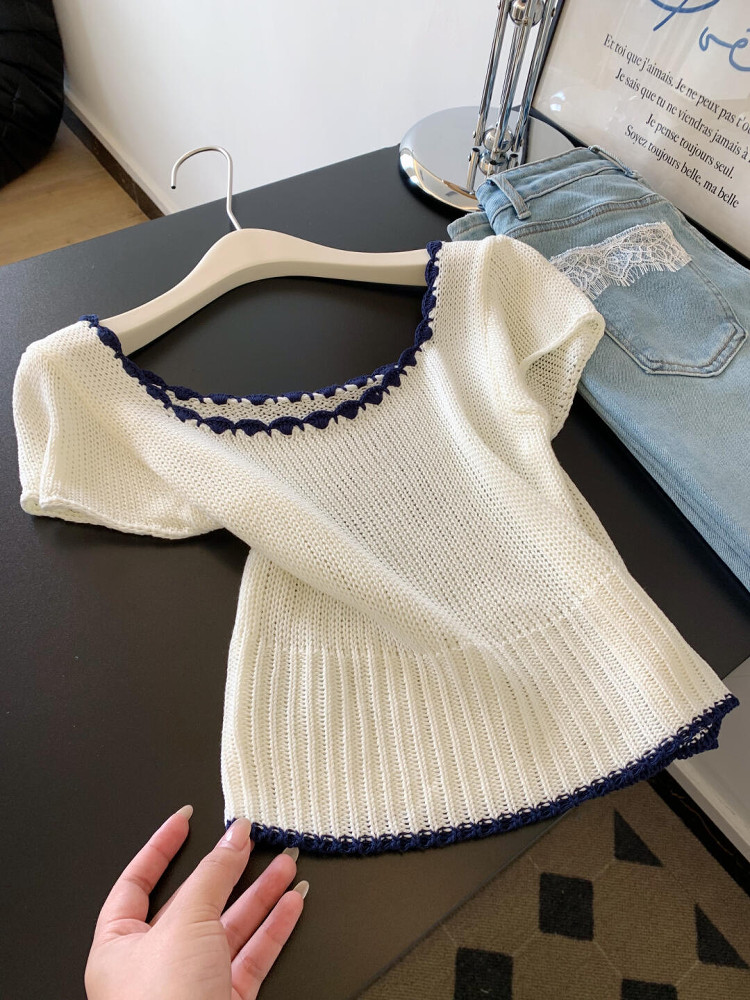 Korean Style Color-Blocking Square Neck Short Sleeve Knitted T-Shirt for Women - Slim Fit Early Summer Top