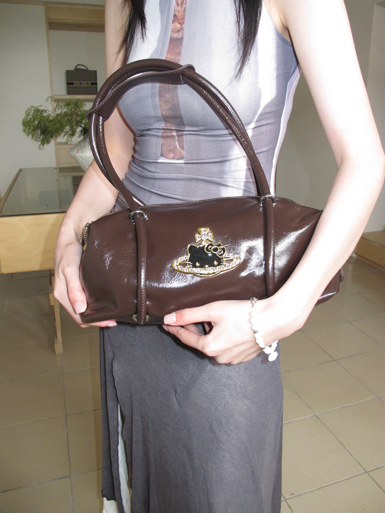 Korean Style Cute Kitty Cat Saturn Sparkling Diamond Large-Capacity Solid Color Shoulder Bag Retro Commuting Tote